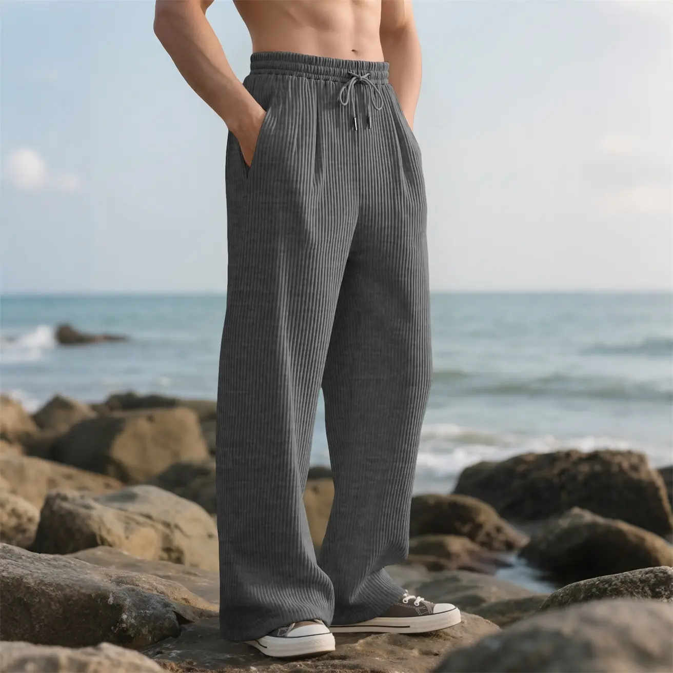 Men’s Wide Leg Drawstring Pants, Casual Loose Fit Ribbed Trousers with Pockets, Elastic Waist Relaxed Straight Leg Pants for Summer Beach Vacation Travel Streetwear Lounge Daily Wear