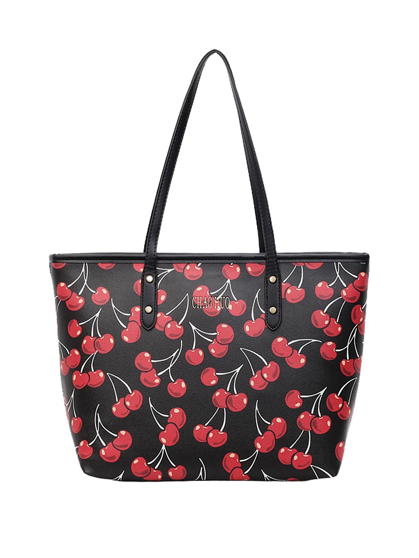 Niche cherry fruit pattern printed tote bag, Lightweight tote bag, one-shoulder underarm bag, casual handbag, Casual commuter bag, Casual trendy purses, versatile for daily commuting, multiple colors available, suitable for college students