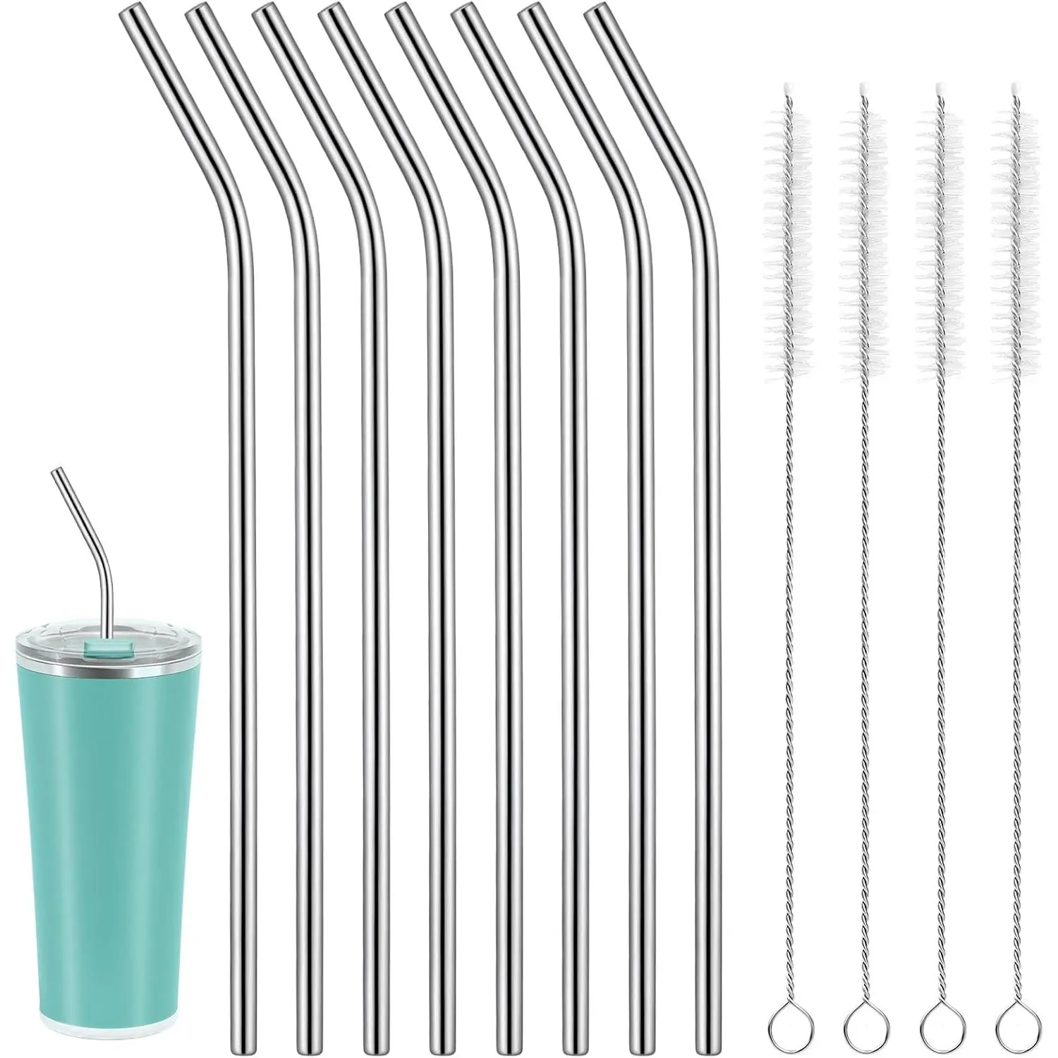 8 count  Metal Straws for 40 oz Tumbler, 12 Inch Long Stainless Steel Straws Bent Straw with 2 Cleaning Brushes, Dishwasher