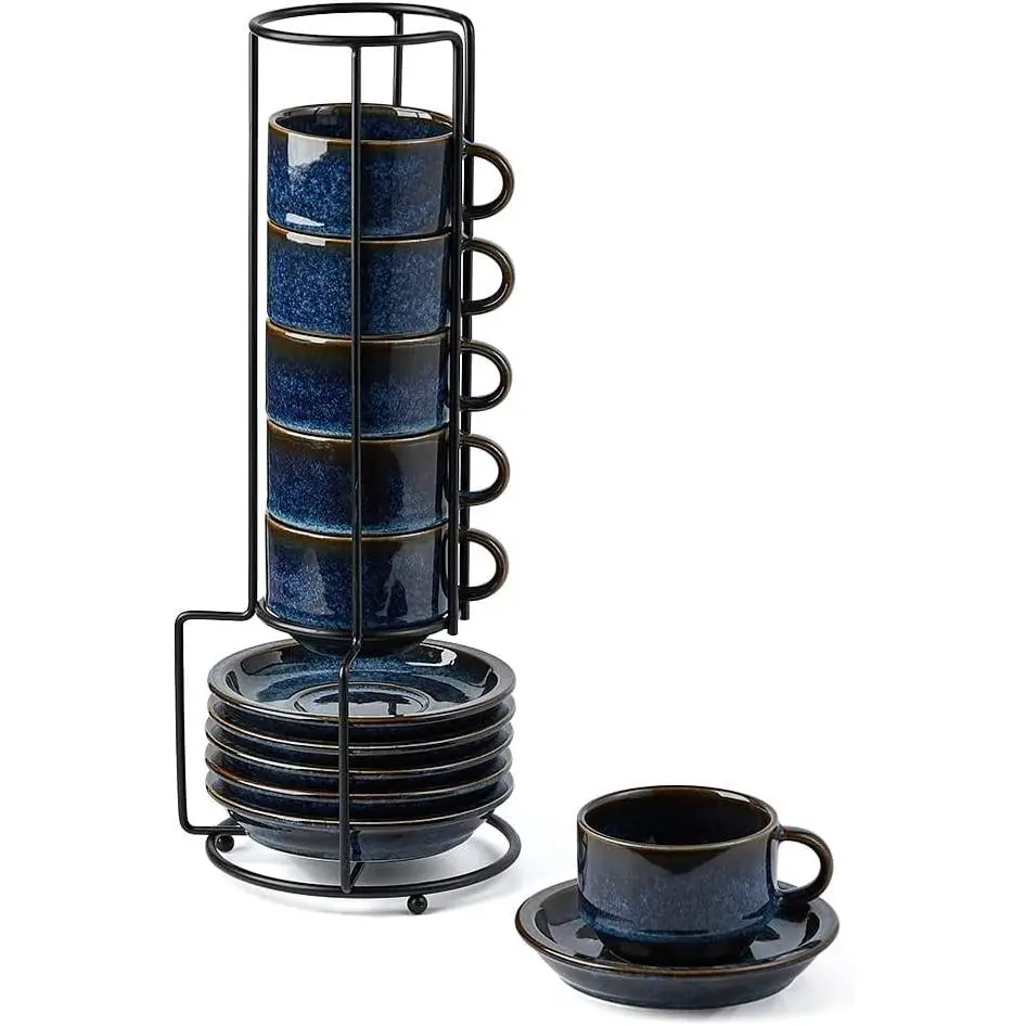 Porcelain Stackable Espresso Cups with Saucers and Metal Stand,4 Ounce Demitasse Cups for Coffee Drinks, Latte, Tea - Set of 6, Stackable Espresso Mugs, Reactive Glaze, Bule