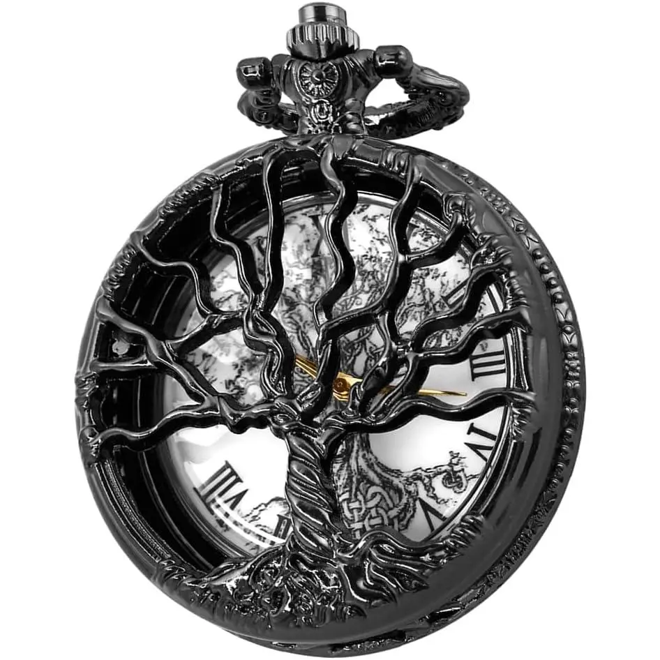 Pocket Watch Hollow Tree of Life Design Roman Numerals Quartz with Chain Birthday Gifts(Black)