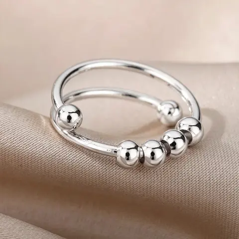 Cross-Border New Stainless Steel Double Layer Rotatable Bead for Women, Anxiety Relief Jewelry, Casual Plain Design, Rotating Anxiety Ring, All Seasons