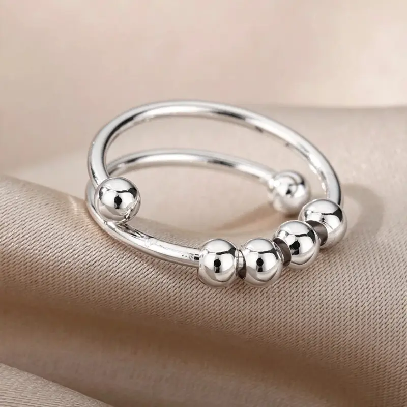 Cross-Border New Stainless Steel Double Layer Rotatable Bead for Women, Anxiety Relief Jewelry, Casual Plain Design, Rotating Anxiety Ring, All Seasons