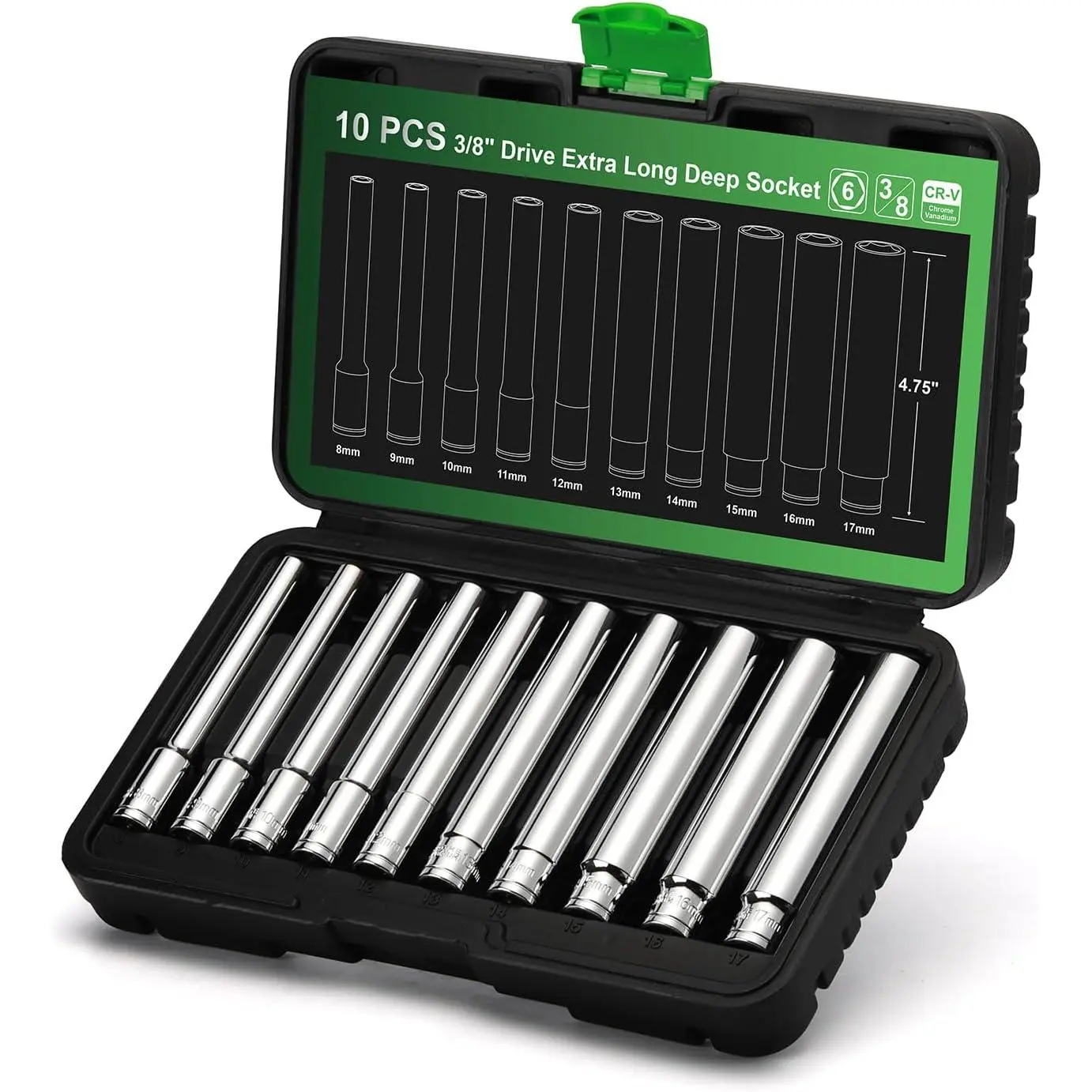 10 count 3/8-Inch Drive Extra Deep Metric Socket Set, 6 Point, 8mm to 17mm, No Skipped Sizes, 120MM Deep CR-V Socket for Automotive and Industrial Applications