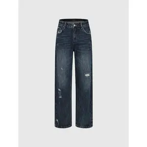 URBAN REVIVO Men's Classic Straight-Leg Distressed Jeans, Comfortable Mid-Rise Pants in 100% Cotton Denim