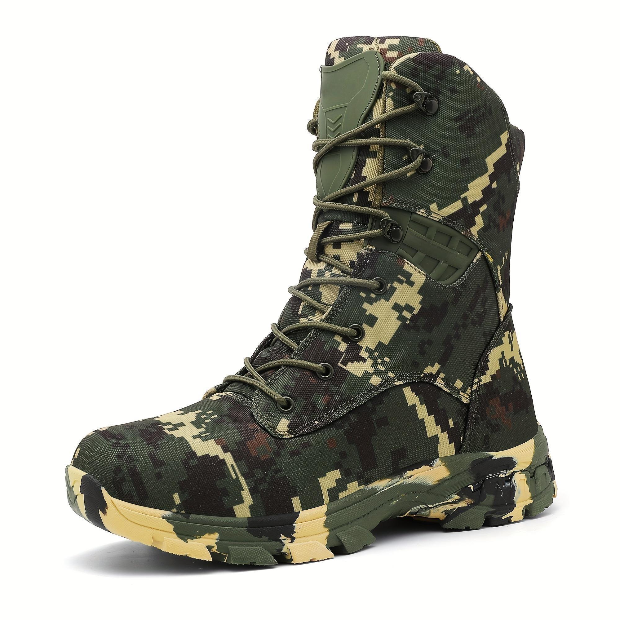 Men's high top camouflage hiking boots, outdoor climbing work boots with zipper closure, nylon fabric, rubber sole, non-slip EVA insole, striped pattern, all year outdoor shoe style