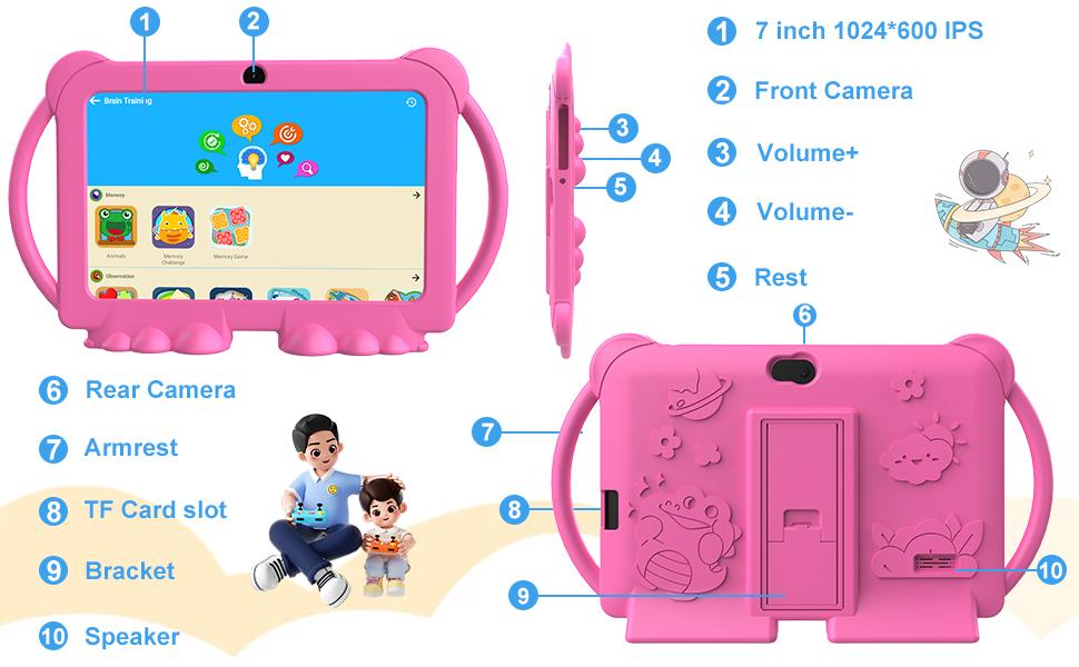 Kids Tablet 7 inch Android 12.0 for Toddler 4GB RAM 32GB ROM Bluetooth IPS Screen Parental Control Dual Camera Shockproof Case Pink Educational Games