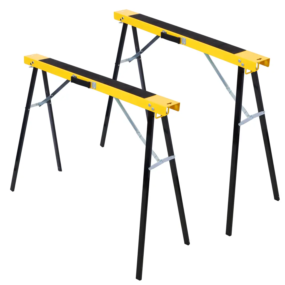 2-Pack Foldable Saw Horses, Heavy-Duty Portable Steel 2-Piece Set with Fast-Open Legs, Built-In Carry Handle, Fully Assembled Folding Work Stand, Adjustable Support Brackets for Garage, DIY Projects, Yellow & Black, Two Piece Set
