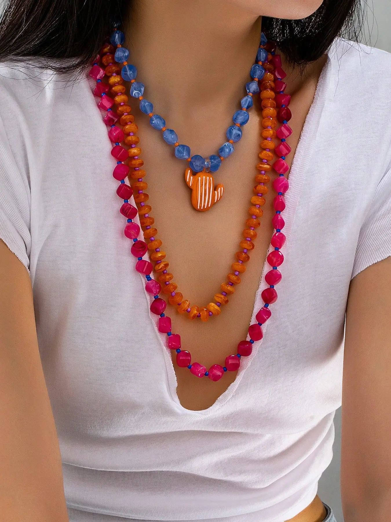 3Pc Summer Boho Colorful Layered Beaded Necklace for Women, Cactus Pendant Neckalces, Dopamine Hot Pink Color Beads Necklaces Set
