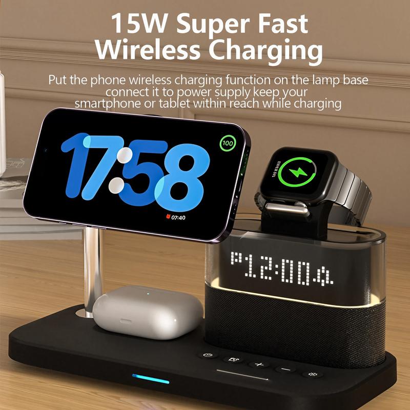 5-in-1 Wireless Charger with Clock, Mobile Magnetic Wireless Charger Stand for iPhone Apple Watch Airpods, for Magsafe Charger Set, Black Charging Station, for Smartphone, Cellphone, Electronic, Magnetic Charging Design, Charging Dock