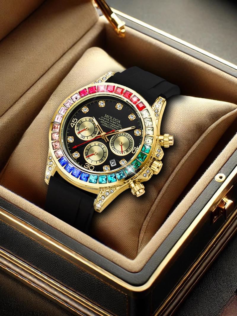 Men's Business Fashion Rhinestone Decorated Analog Quartz Watch, Fashion Watch for Party, Daily Clothing Decor, Trendy All-match & Exquisite Watch for Birthday Gift with Box, Stylish Watch, Rhinestone Watches