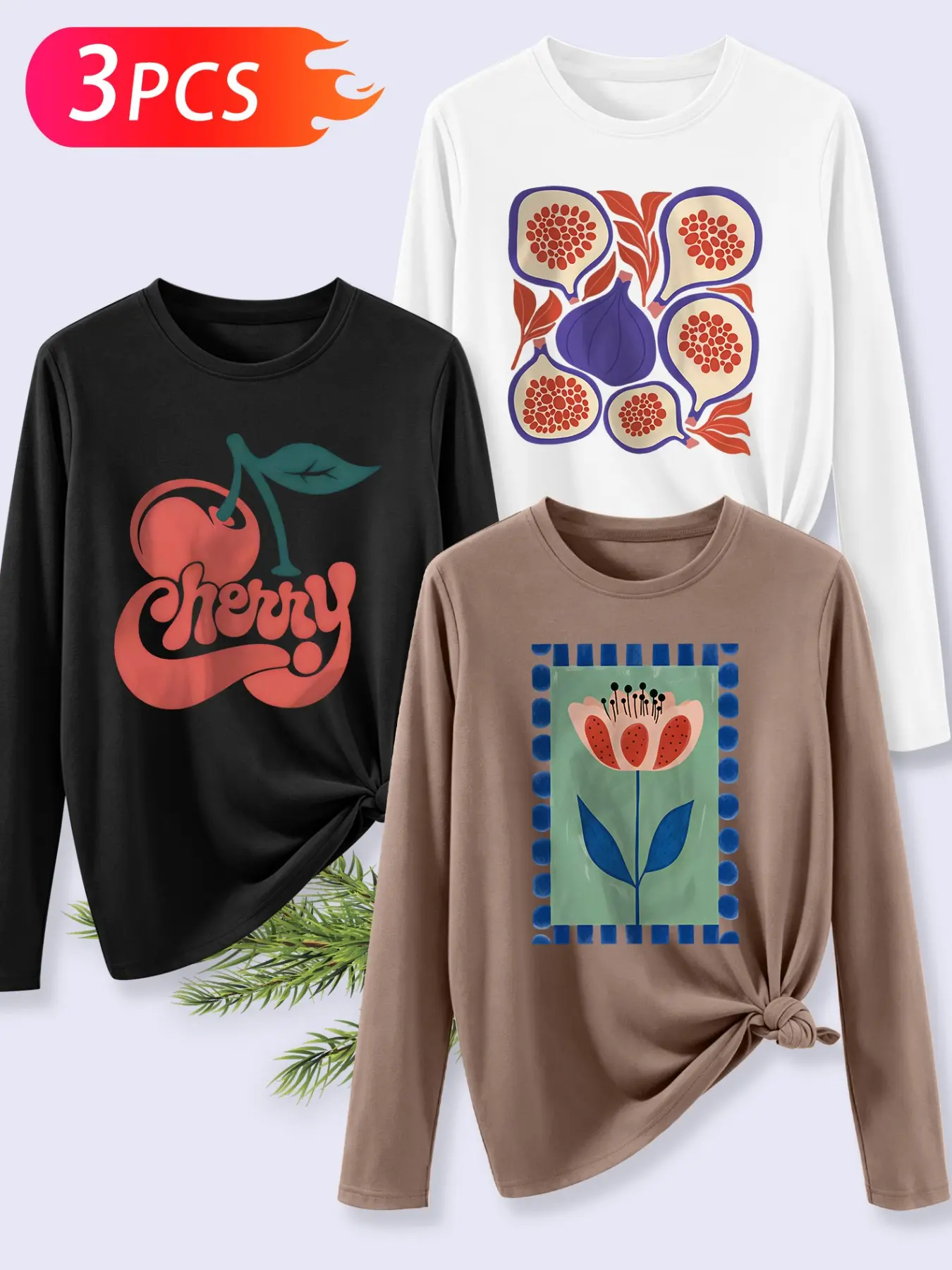 3Pcs Women Crew Neck Long Sleeve T‑Shirts, Minimalist Fig Cherry Floral Art Print, Multiple Colors Available, Machine Washable, Spring Summer Tops, Soft Skin‑Friendly Fabric, Daily Matching, Fashion Design