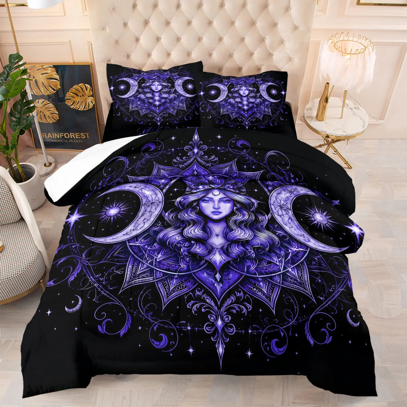Mystical Purple Triple Moon Goddess & Star Comforter Set, Soft Breathable Gothic Night Sky Bedding, 1 Quilt + 1/2 Pillowcases, Unique Witchy Gift Quilt for Bedroom, Dorm & Guest Room, Twin/Full/Queen Size