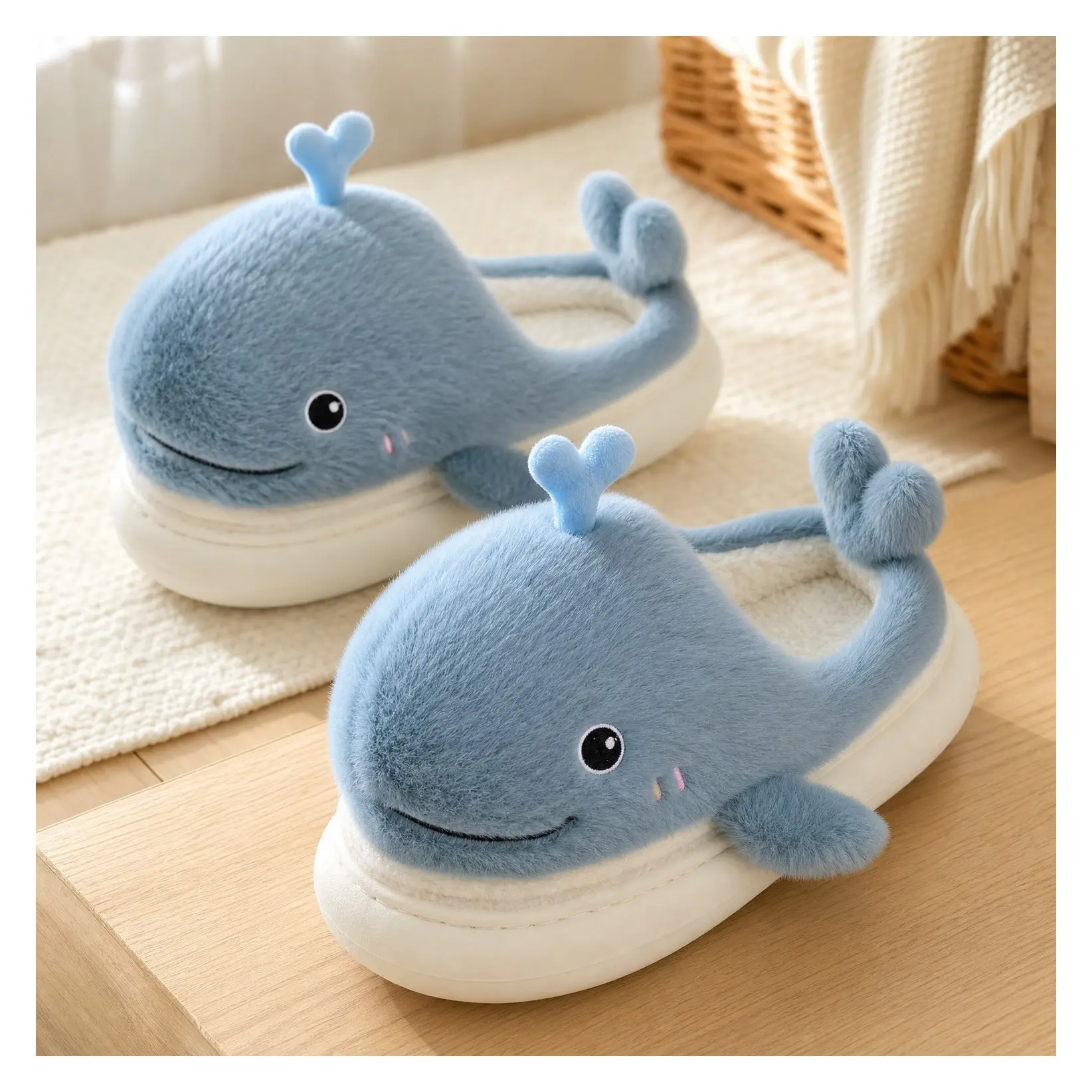 Cute Fuzzy Cartoon Kawaii Whale Animal Slippers, Plush House Shoes for Women Men, Indoor Fluffy Winter SlidesGift