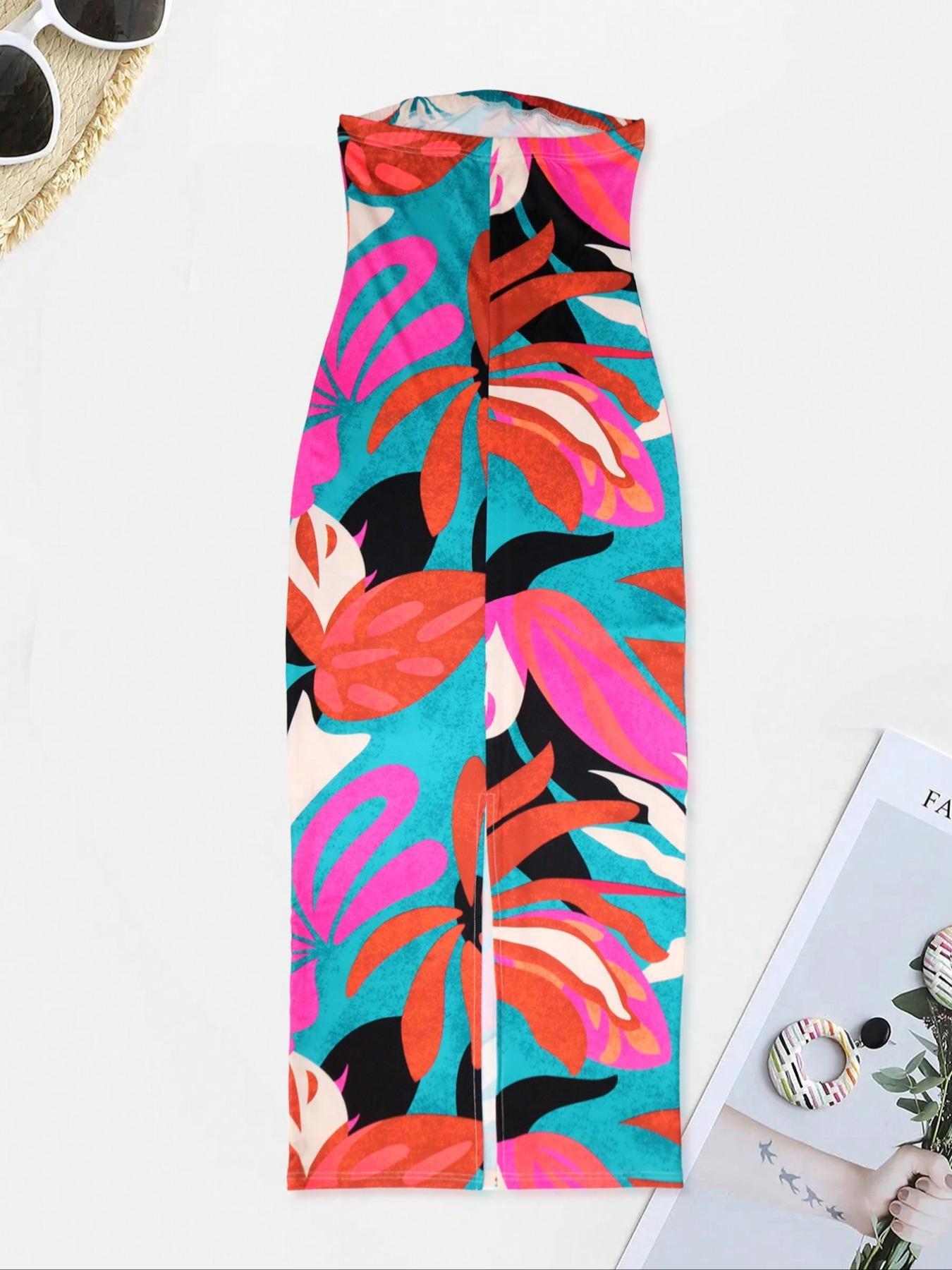 Women's All Over Print Backless Split Hem Bodycon Dress, Fashion Casual Elegant Sleeveless Bodycon Sleeveless Long Tube Dress for Summer, Women's Clothing for Club Party, Summer Outfits 2024 Valentine's Day, gift