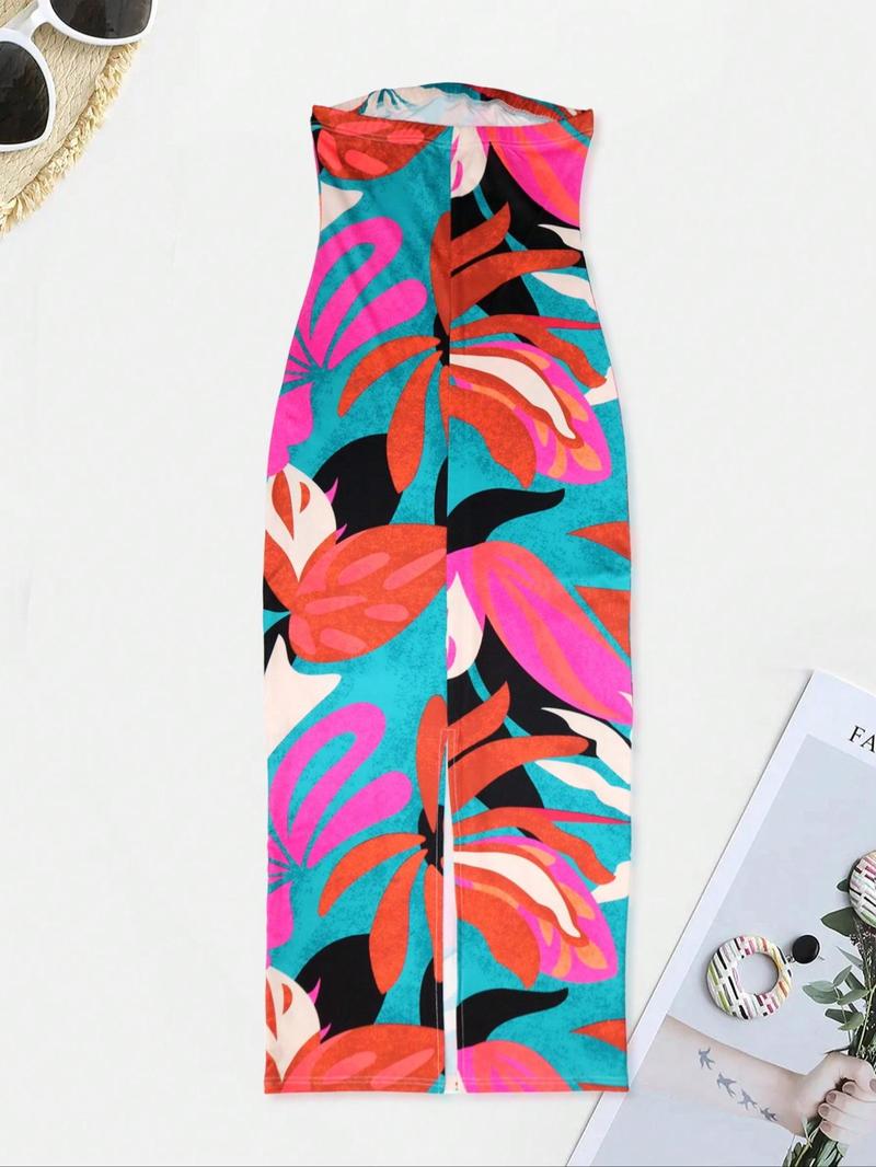 Women's All Over Print Backless Split Hem Bodycon Dress, Fashion Casual Elegant Sleeveless Bodycon Sleeveless Long Tube Dress for Summer, Women's Clothing for Club Party, Summer Outfits 2024 Valentine's Day, gift