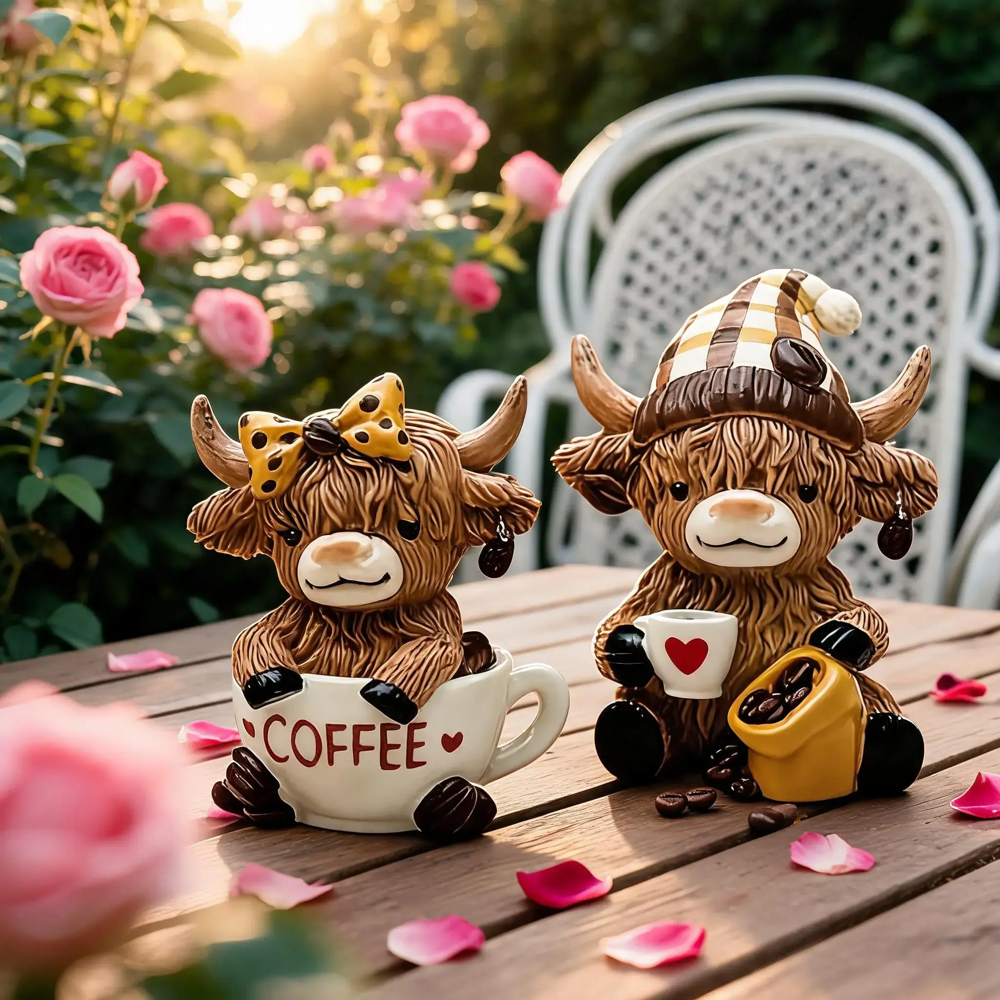Scottish Highland Cow Statue Hand-Painted Resin Figurine, Decorative Sculptures, Scottish Tartan Hat and Coffee Cup, Sitting Highland Cow Collection, Cow Ornament, Decor Figurine Ornaments, Unique Ornaments