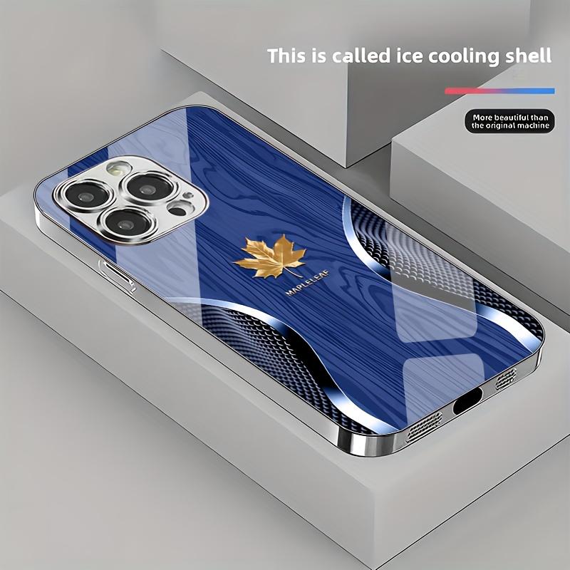 High-end electroplated business-style curved gold maple leaf wood grain pattern glass phone case, for iPhone 17 16 15 14 13 12 11 pro max