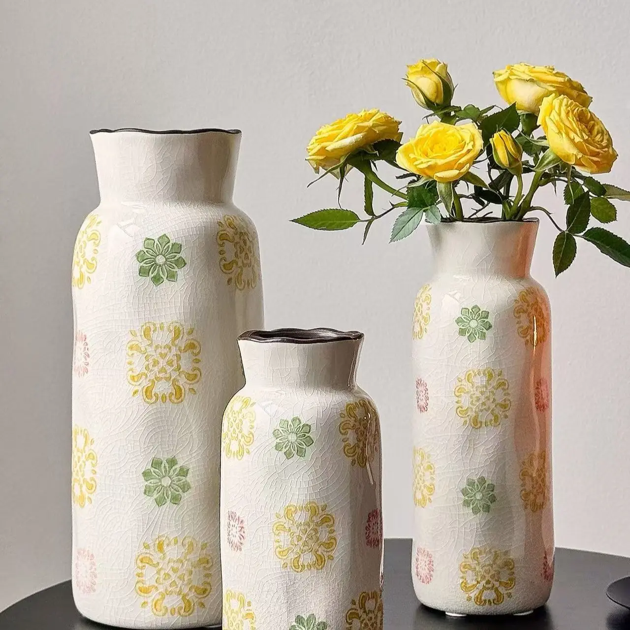 Handmade Vintage Rustic Ice Crack Ceramic Vase, Porcelain Base with Geometric Floral Pattern, Ideal for Home Decor, Flower Vases, Gift Idea