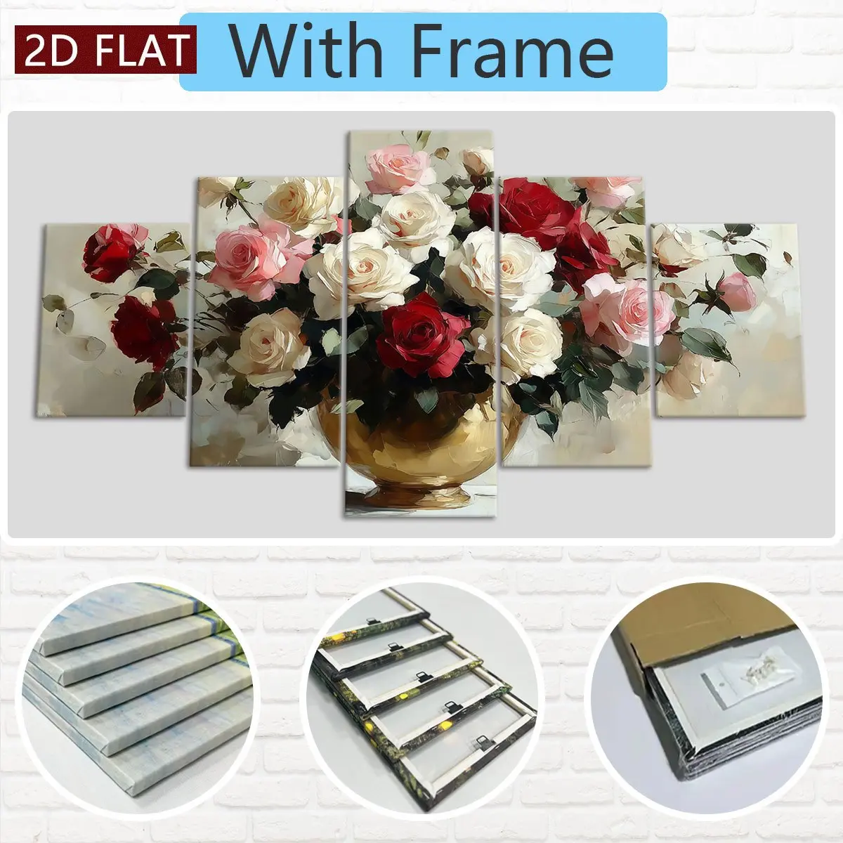 2D Flat Painting Set, 5 Pieces, Wooden Framed Canvas Art, Depicting Beautiful Rose Bouquets In Golden Vases, Stylish Posters As Gifts For Valentine's Day, Christmas And New Year, Home Decor Artworks, Wall Decor, Premium Artworks