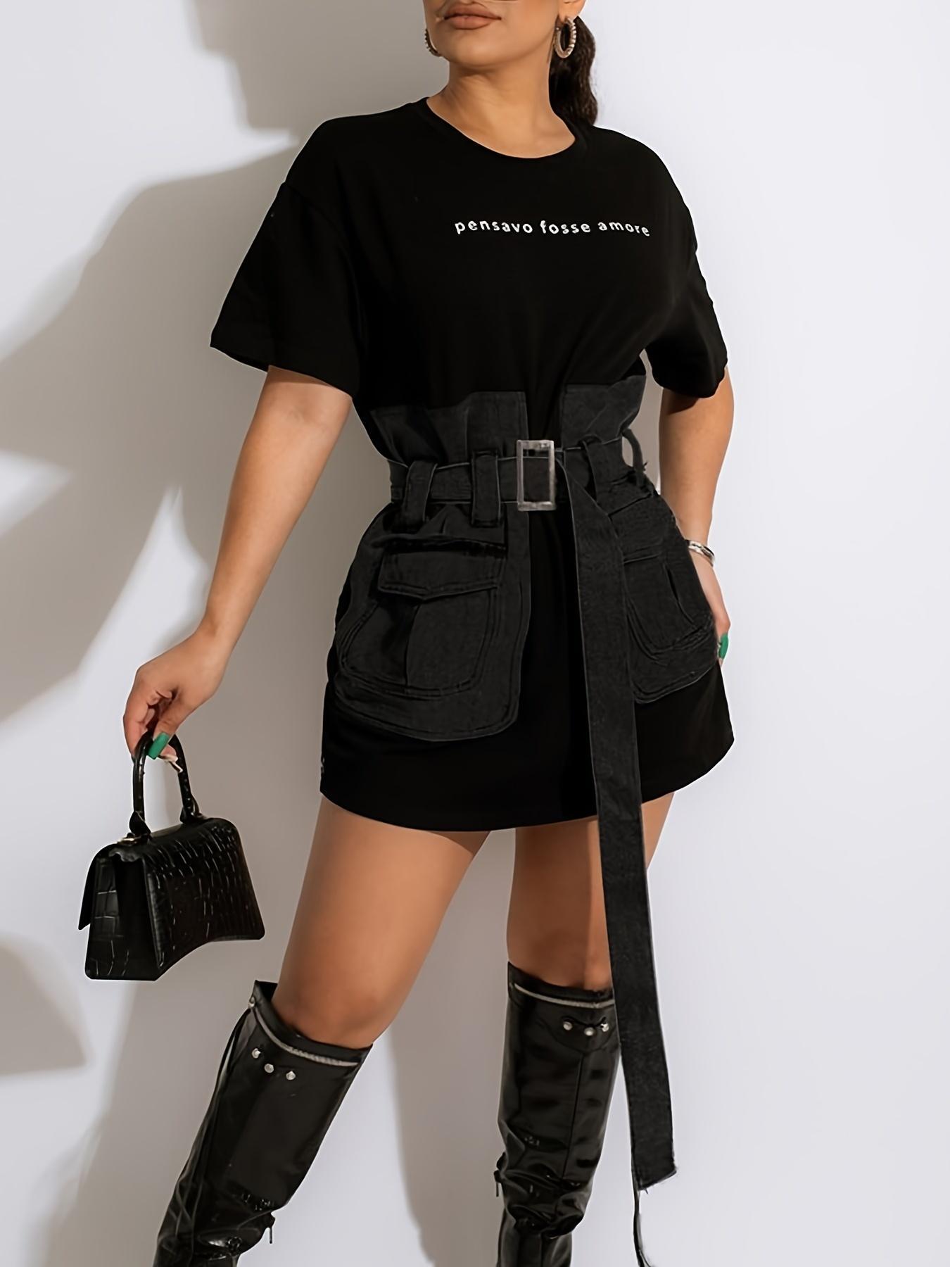 Women's Letter Print Tee Dress, Casual Short Sleeve T-shirt Dress for Summer, Ladies Clothes for Daily Wear, Clothing