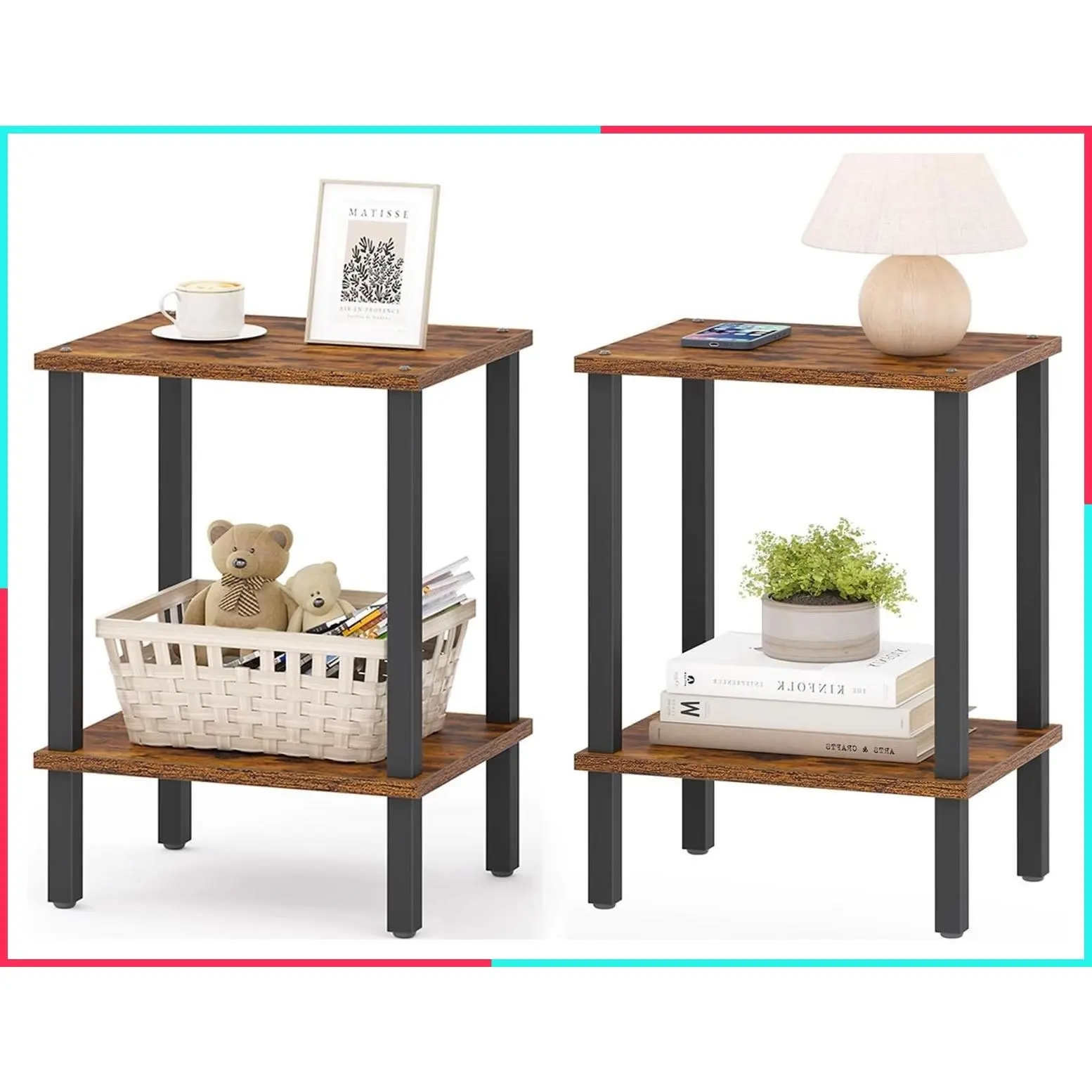 Set of 2 End Tables, Side Tables, Nightstands with 2-Tier Storage Shelf