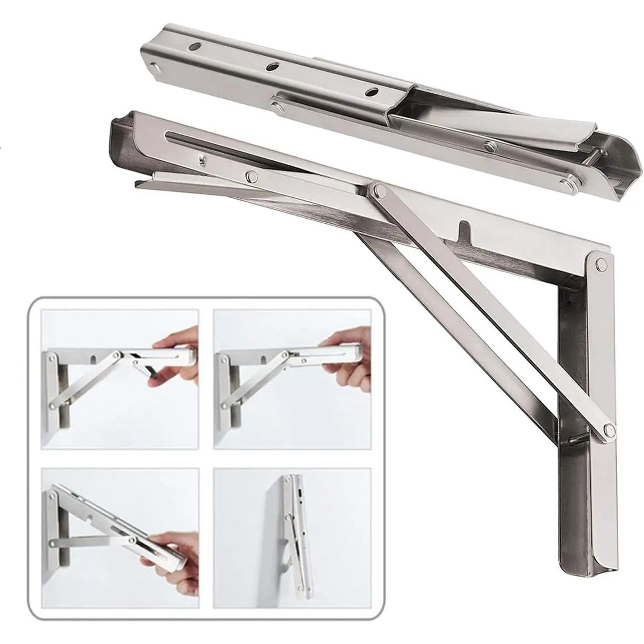 20'' Folding Shelf Brackets Max. Load 440 lb, Heavy Duty Stainless Steel Wall Mounted Shelf Bracket Space Saving for Table Work Bench, Pack of 2