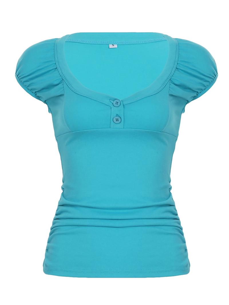 Women's Plain Button Tee, Casual Sweetheart Neck Short Sleeve T-shirt for Summer, Women's Top for Daily Wear