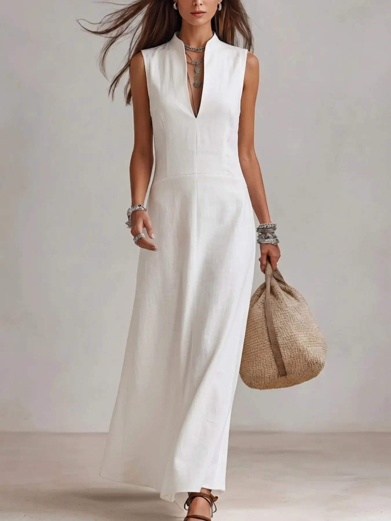 Stand Collar Sleeveless V Neck Waist Cinch Split Long Dress, Elegant Casual Beach Chic Vacation Dress, Minimalist Flowy Style for Spring Summer