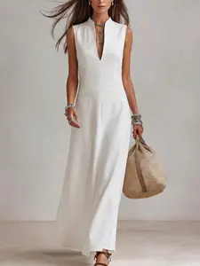 Stand Collar Sleeveless V Neck Waist Cinch Split Long Dress, Elegant Casual Beach Chic Vacation Dress, Minimalist Flowy Style for Spring Summer