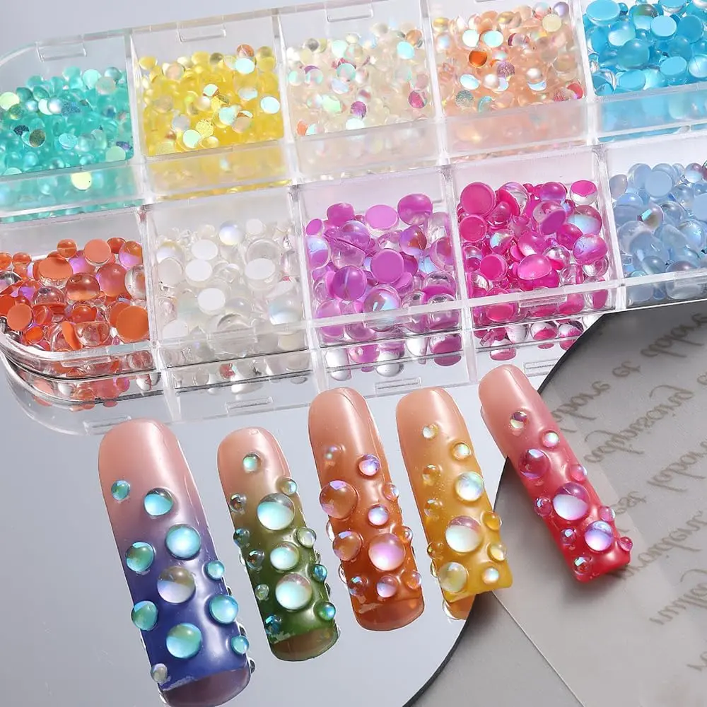 Mermaid aurora 3D bubble bead DIY nail kit, mixed shiny flat crystal gems with plump lightweight bubble texture. Color-shifting iridescent luster for summer sheer nails & photoshoot looks, ideal craft decor for nail art lovers.