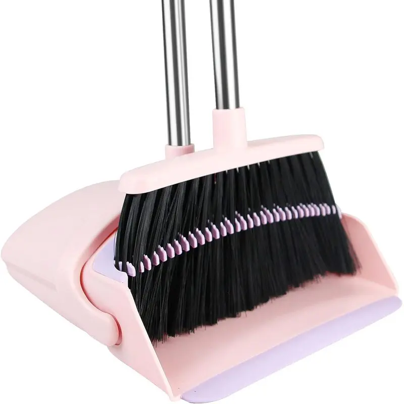 52" Adjustable‑Handle Broom and Dustpan Set, Pink‑Purple Sweeping Combo with Built‑in Dustpan Teeth for Hair Removal, Household Cleaning Kit for Home, Lobby, Kitchen & Office