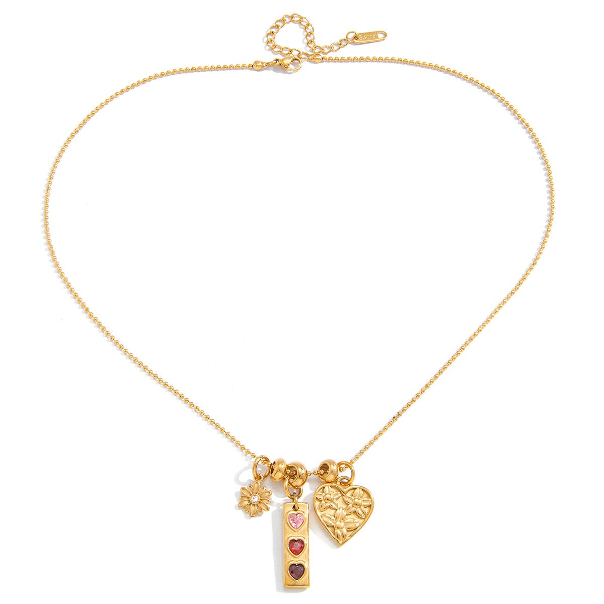 [FLAME] Women's Gold Bead Necklace with Heart & Daisy Flower Decorations, Elegant Layered Jewelry with Pink CZ Accents, Suitable for Casual Wear & Gifts