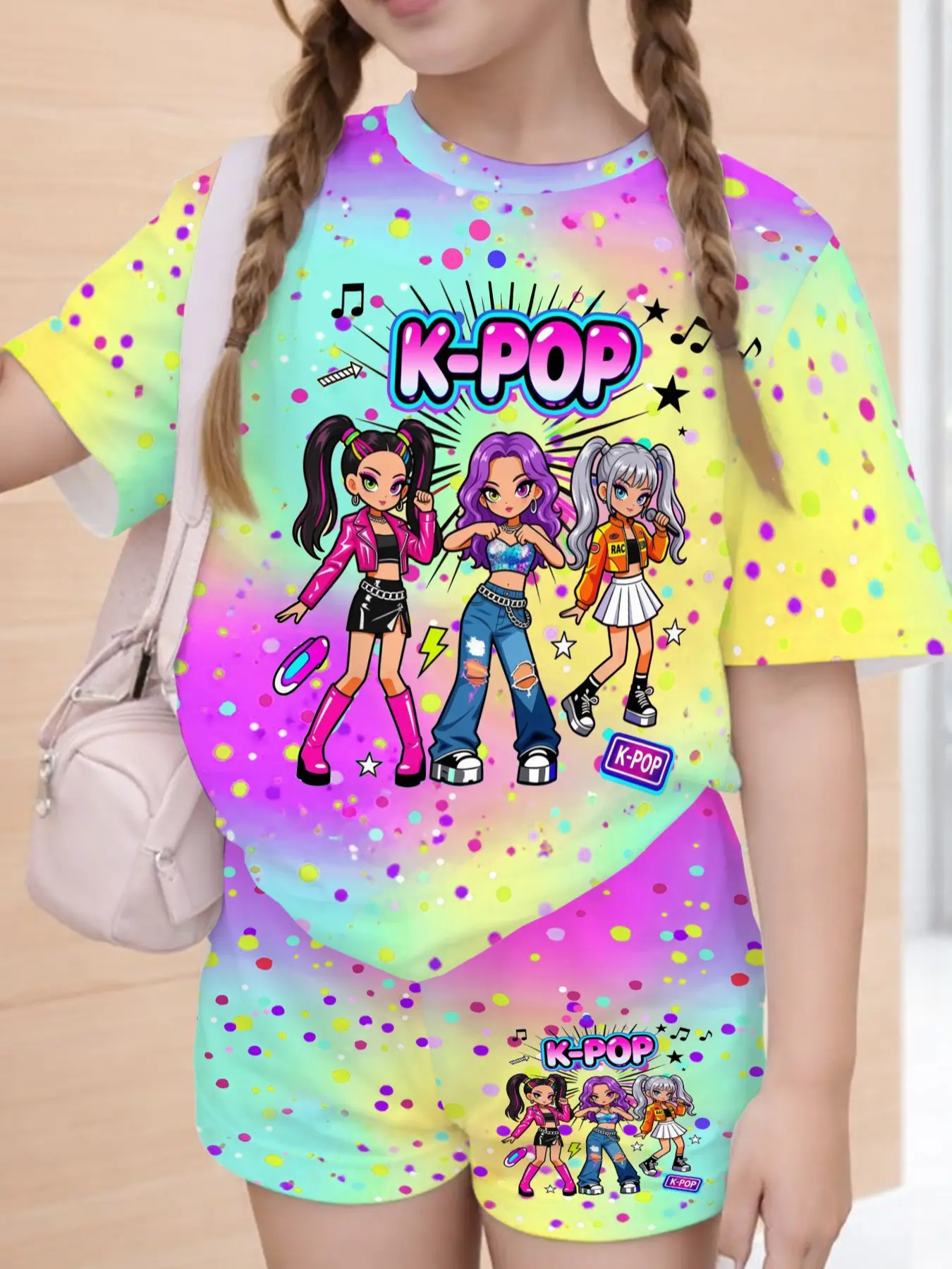 Sweet Cool Korean Idol Style Girls' Two-Piece Matching Set, Fashion Clothes Sets, Gradient Blue Background, Cartoon Girl Prints, Music Festival, Graphic Print Set
