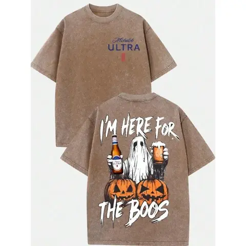 Vintage Washed Michelob Ultra Ghost "I'm Here For The Boos" Double-Sided Graphic Tee |     230gsm Heavyweight Streetwear, Unisex Loose Crew Neck Cotton Halloween Casual Top for Men & Women
