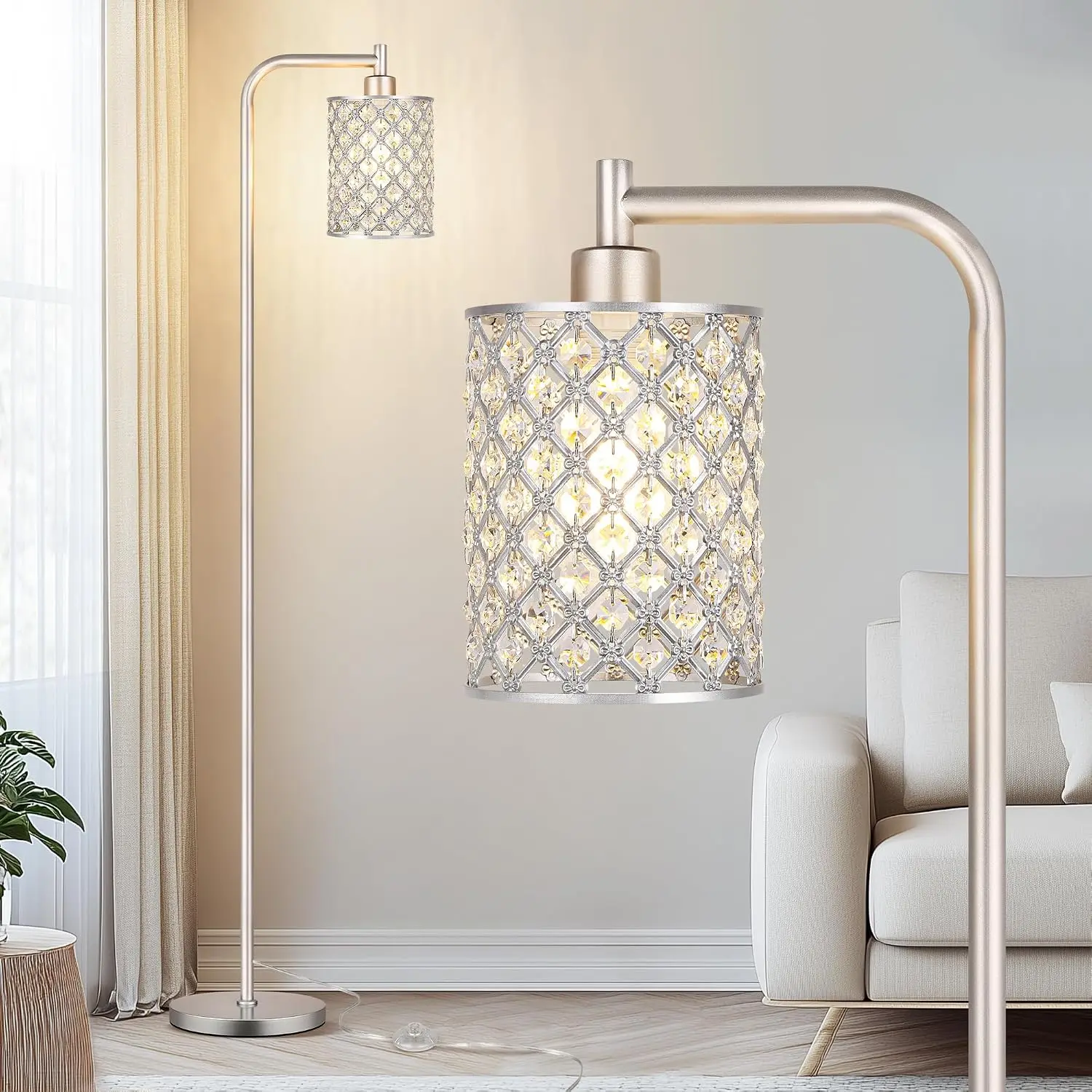 Industrial Floor Lamp for Living Room, Modern Standing Lamp with Crystal Lampshade Pedal Switch, 67” Tall Lamp for Bedroom Study Room, Silver (2700K LED Bulb Included)
