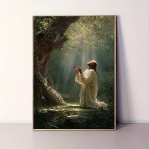 2D Flat, 1 Panel Jesus Christ in Gethsemane  Vertical Canvas Oil Painting • Suitable for Churches, Offices, Prayer Rooms • Christian Wall Decor, Vertical Jesus Praying in Garden • Hook-Mountable for Narrow Spaces • Religious Room Decoration