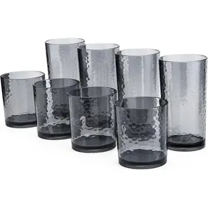 14-ounce and 20-ounce  Glasses Plastic Tumbler, set of 8 Smoky Grey - Hammered Style, Dishwasher Safe,