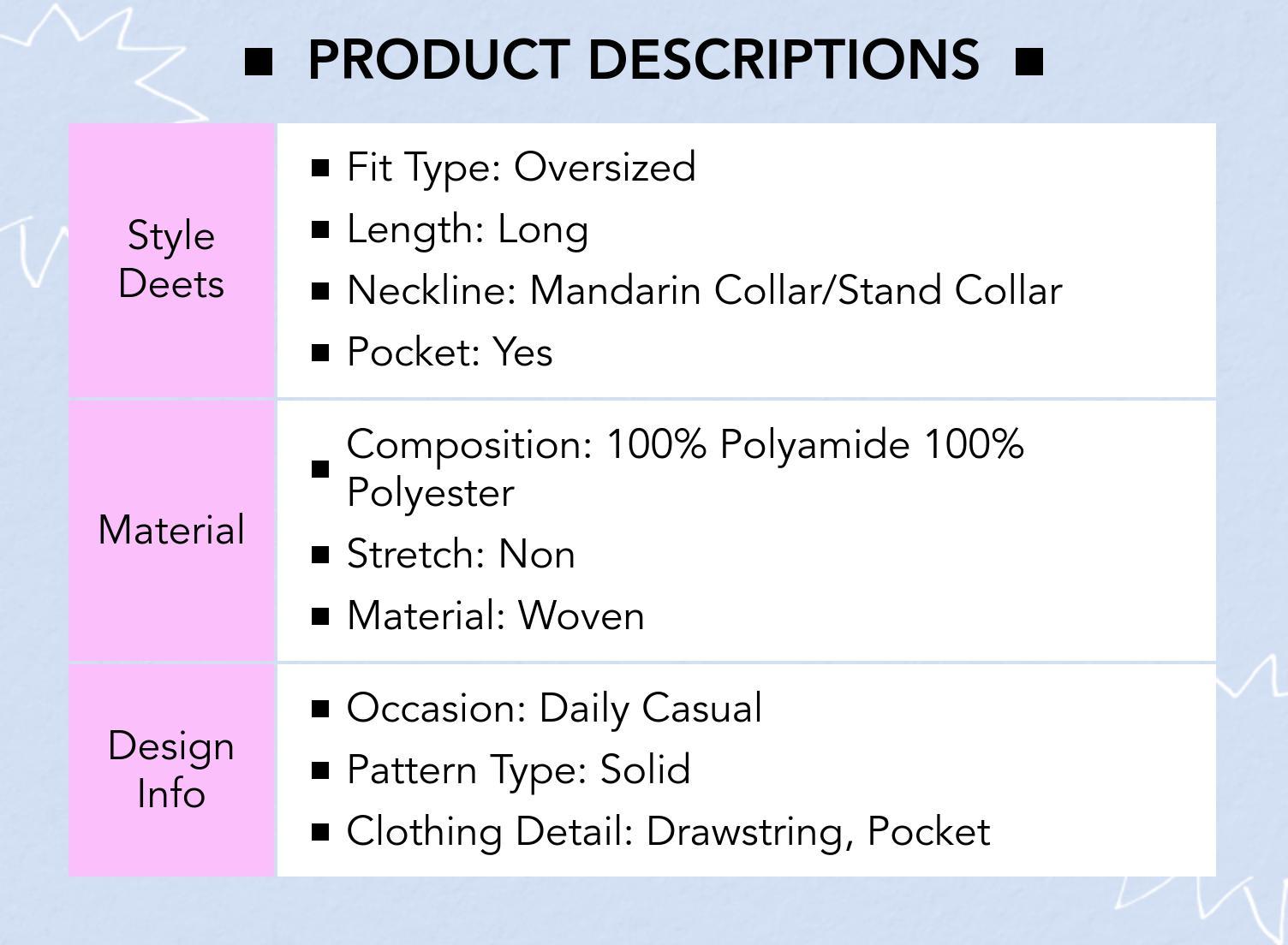 Cider Oversized Stand Collar Drawstring Waist Jacket