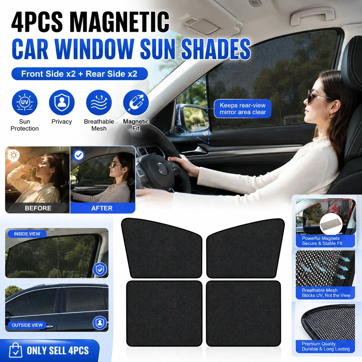 Magnetic Car Side Window Sunshade Curtain Set, Magnetic Sunshades, 4PCS Universal Black Mesh Sun Blinds with 10 Magnets, Front Rear Seat Privacy Cover, UV Protection Heat Reduction Anti-Glare Shade, Portable Car Window Screen for Sedan SUV Van