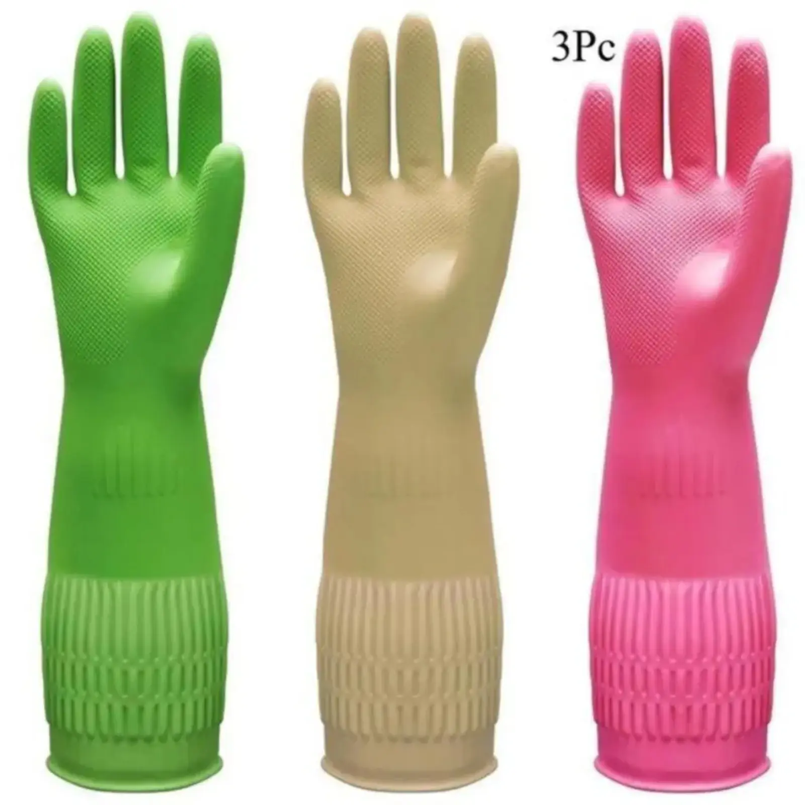 3 Pcs XL 15in Long-Cuff Rubber Gloves in 3 Colors. Non-slip, durable and flexible, ideal for kitchen & household chores, also a nice holiday gift.