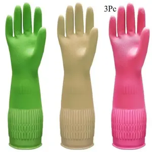 3 Pcs XL 15in Long-Cuff Rubber Gloves in 3 Colors. Non-slip, durable and flexible, ideal for kitchen & household chores, also a nice holiday gift.