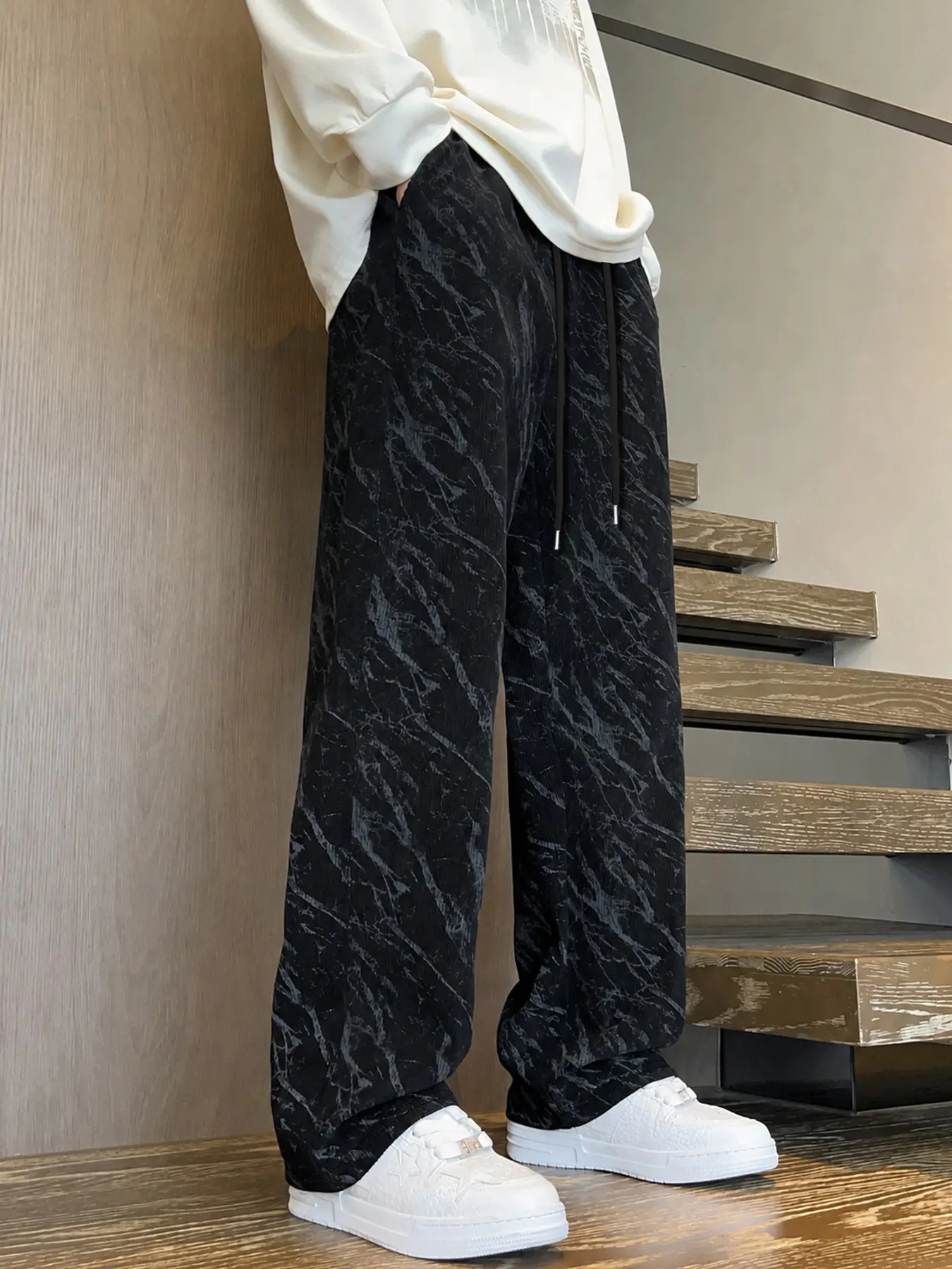 Men's Marble Crack Print Wide Leg Pants, Drawstring Elastic Waist, Vintage Straight Fit, American Y2K Hip Hop Streetwear, Casual Long Trousers