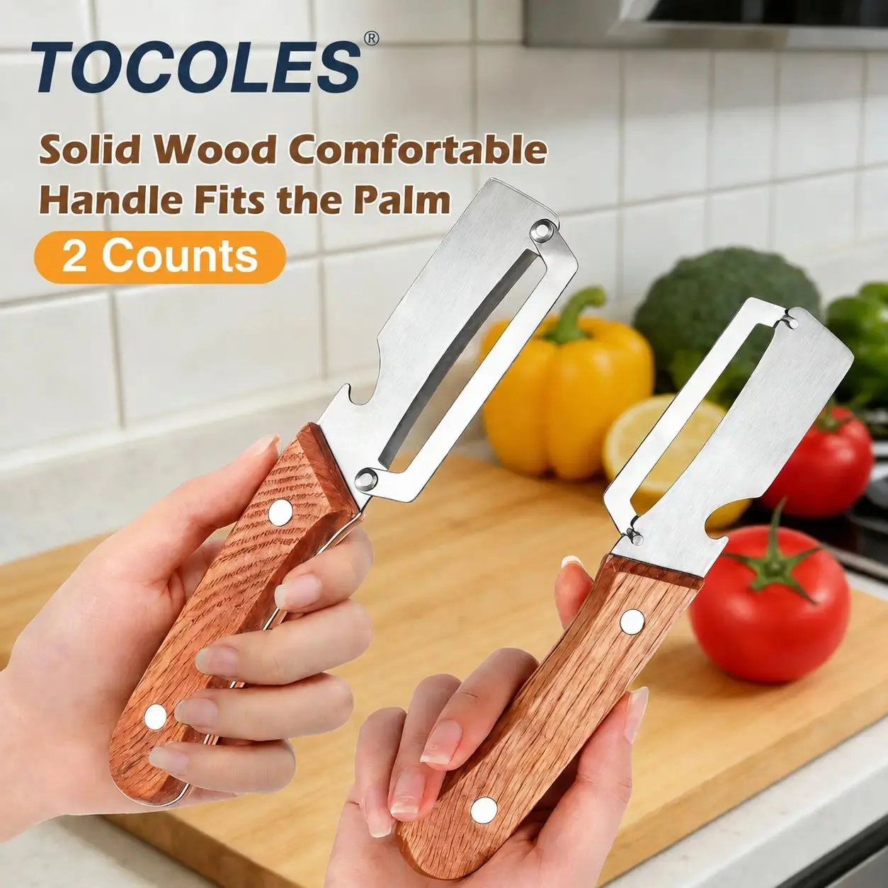 2-in-1 Vegetable Peeler with Stainless Steel Blade & Bottle Opener, Wooden Handle Kitchen Tool for Fruits and Vegetables