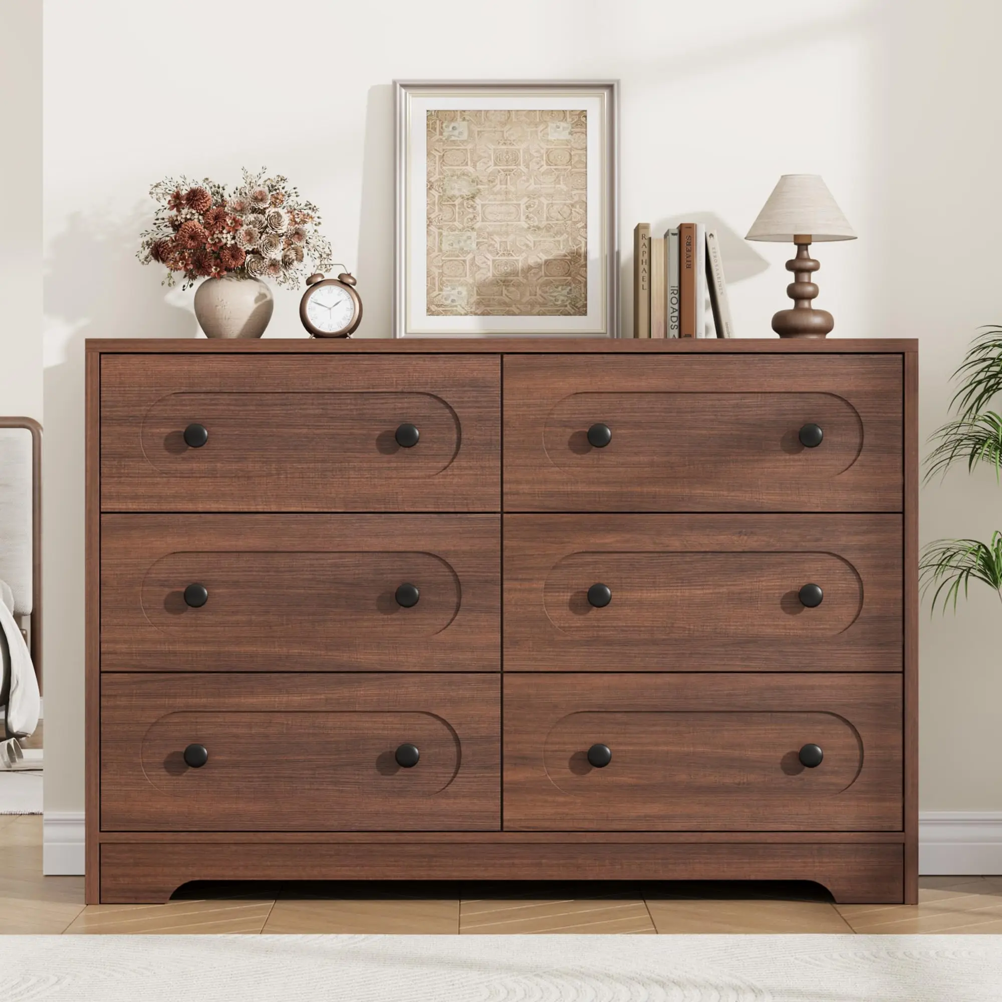 6-Drawer Mid-Century Dresser – Wide Wooden Chest, Deep Drawers, Metal Knobs – Storage for Bedroom, Nursery, Living Room, Entryway, Hallway – Boys & Girls