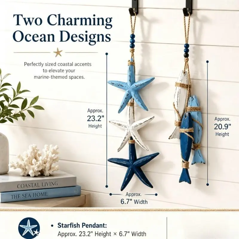 Retro Lightweight Nautical Wooden Fish & Starfish Hanging Ornament with Jute Rope, Coastal Beach Ocean Style Wall Decor, Home Indoor Curtain Decoration, Festive Party Supplies Gift Single String Light, Handmade