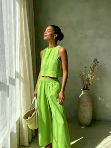 Two piece set of women's lazy, Baggy style fake plain color suit short sleeveless vest+elastic waist wide leg pants casual two-piece set, suitable for summer vacation, island vacation travel, leisure shopping, commuting