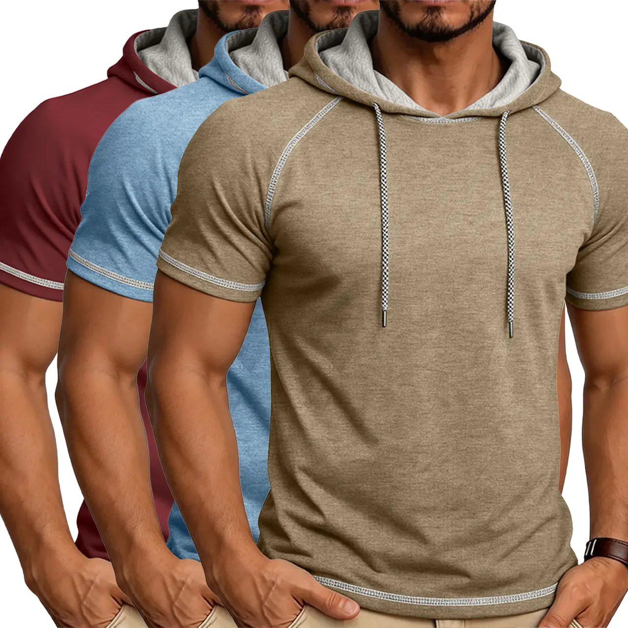 Men's 2/3-Pack Hooded Short-Sleeve Sweatshirts, Plain Casual Menswear, Relaxed Everyday Tops with Minimal Look & Hood Accent for Summer Styling, Shortsleeve, Elastane, Polyester Blend, Relaxed Cut, Hood Detail