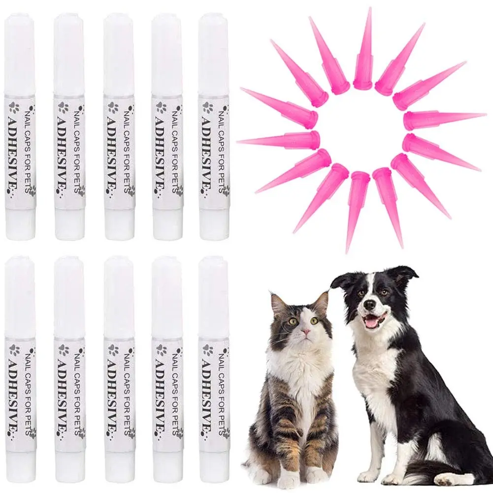 Pet Nail Cap Grooming Kit - 10pcs Nail Adhesive Glues, 15pcs Applicator Tips for Dogs and Cats, Nail Caps