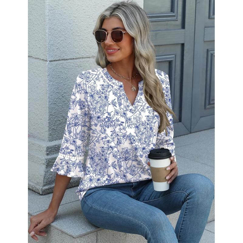3/4 Length Sleeve Womens Tops Summer Ruffle Sleeve Blouses V-Neck Lace T-Shirts Dressy Casual